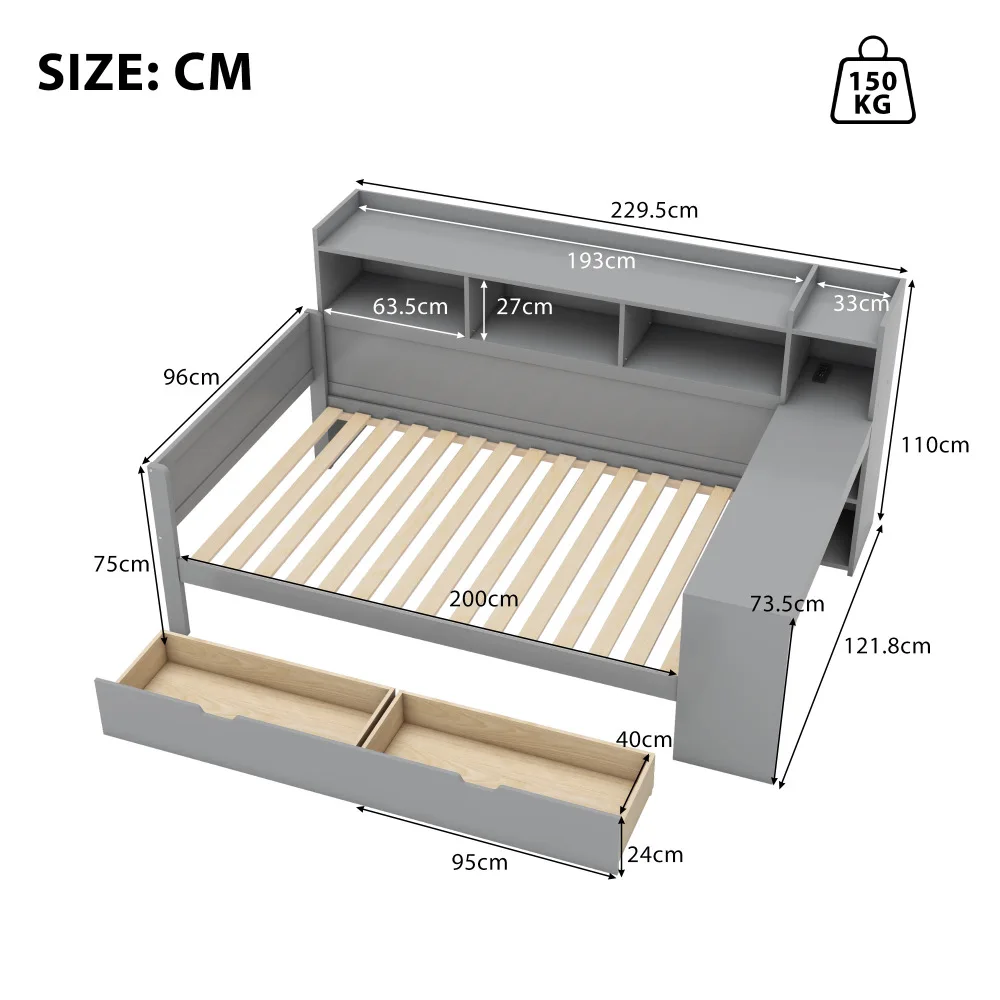 90x200cm Schlafsofa, Tagesbett, Nachttischplatte und Untertischplatte, Bett mit Steckdose und USB-Anschluss, 2 Schubladen, Schreibtisch, ohne Matratze – Detail 26