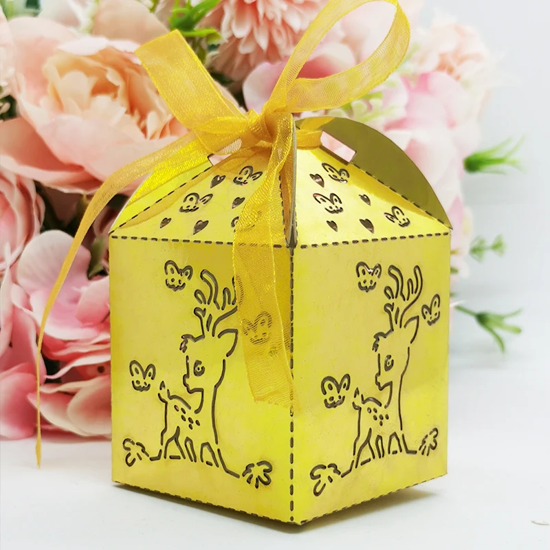 

50pcs Cute Deer Butterfly Candy Packaging Box With Ribbon Guests Gift Boxes Wedding Baby Shower Birthday Party Decoration Supply