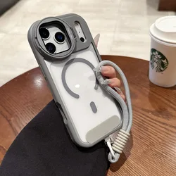 Luxury Magnetic Lens Bracket Lanyard Phone Case with Air Flip Stand and Transparent Cover - iPhone 15 Plus (Gray)