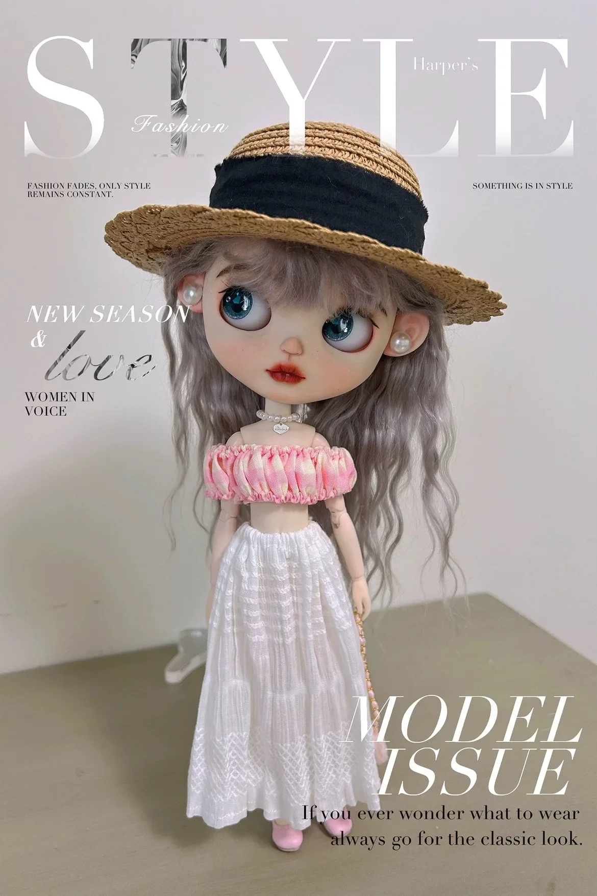 

Одежда для кукол ICY DBS Blyth 30 см 1/6 OB24 Azone розовая блузка с открытыми плечами подходящая белая юбка с жемчугом