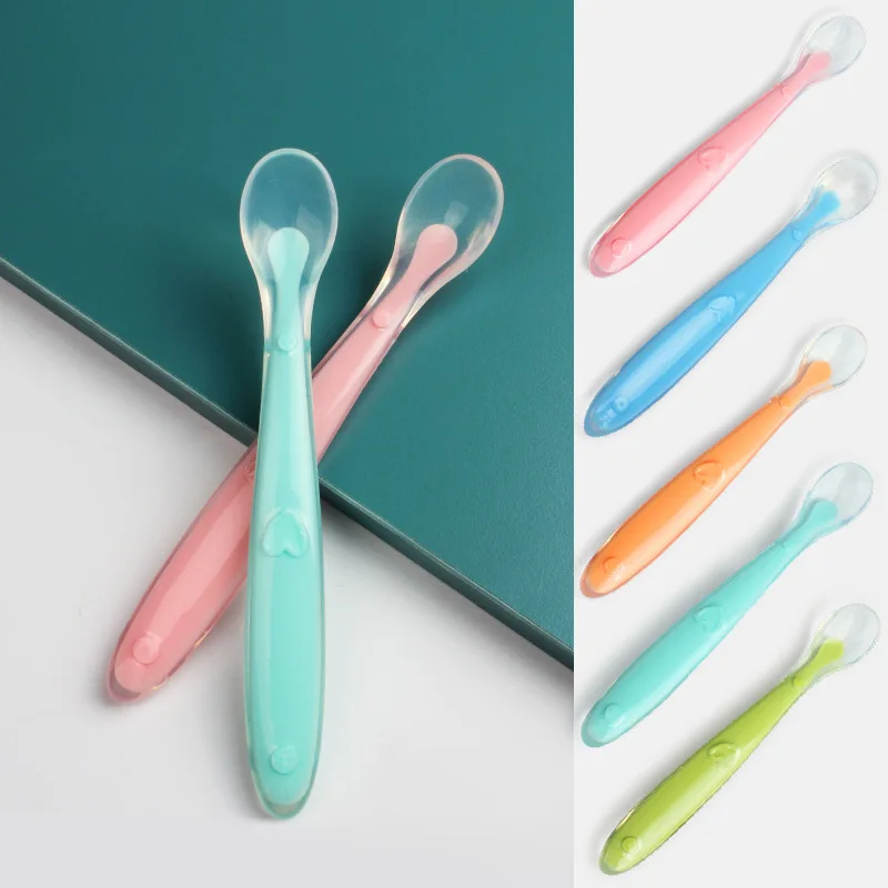 Silicone Baby Feeding Spoons Utensils Set Children Food Baby Feeding Tools Candy Color Baby Spoon Adorable Toddler Tableware