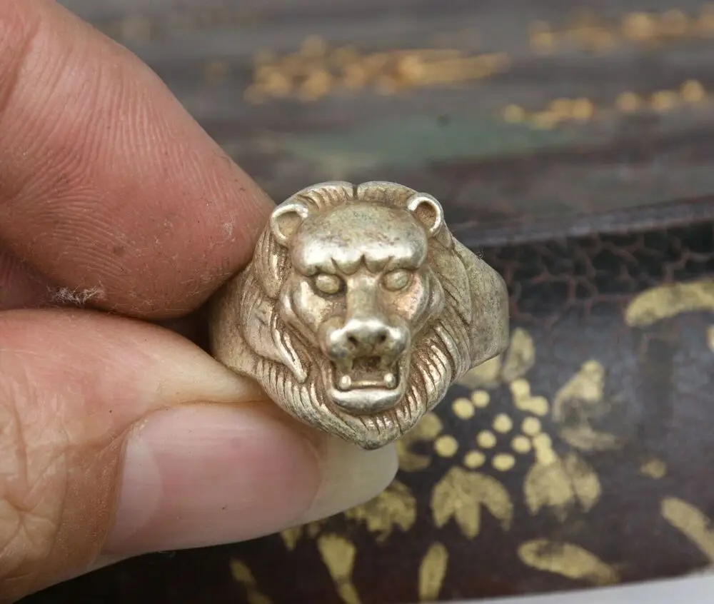 Vecchio Cinese Miao 2.8Cm Argento Testa Di Leone Bestia Anello Di Gioielli Per Regalo Da Collezione