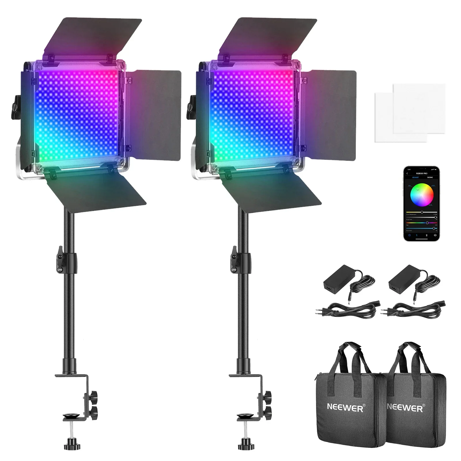 

Neewer 2-Pack 530 PRO RGB Светодиодная лампа для видеосъемки с управлением через приложение, CRI 97 + для потоковой передачи, Зума, YouTube, видеоконференции, фотографии