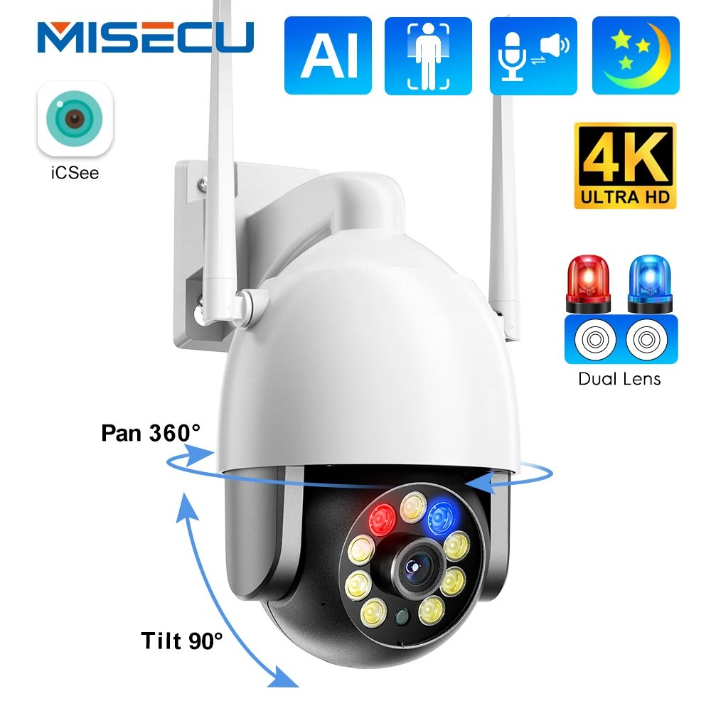 MISECU 4K/2K PTZ WiFi Camera Home Security Outdoor Waterproof IP Camera Wireless Surveillance CCTV Cam AI Tracking Support Onvif