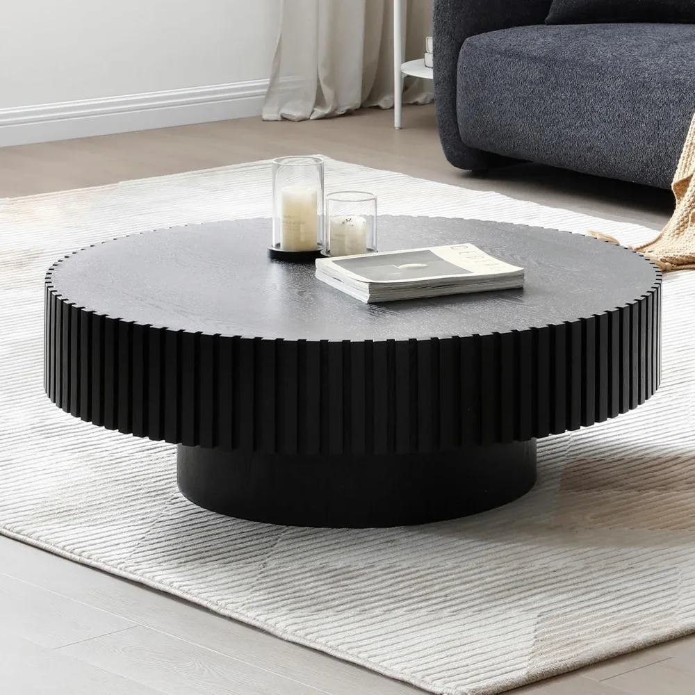 31" Round Black Coffee Table for Living Room, Mid Century Modern Coffees Tables with Sturdy Pedestal, Coffee Table 3