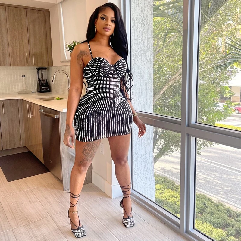 

Rhinestone Mesh Dress Sexy Elegant Short Party Dresses For Women 2023 Daring Sleeveless Spaghetti Strap Women's Autumn Clothes