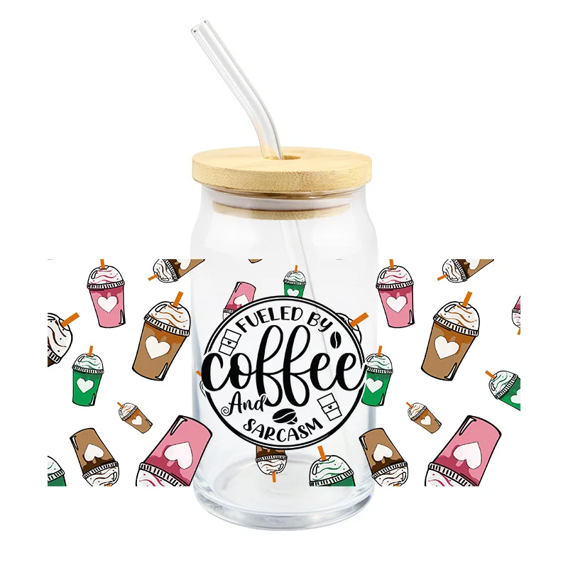 Coffee Cups Sticker Diy 16 Oz Glass Cups UV DTF Transfer Cup Wrap Popular  Design Washable 3D Logo Ready To Apply Cups Sticker