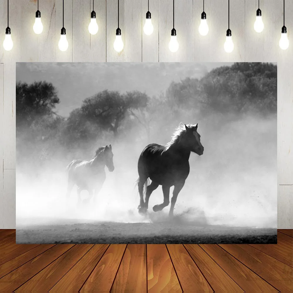 Animali Selvatici Foresta Steed Galloping Nero Bianco Stile Decorazioni Per Feste Prop Photo Shooting Sfondo Bambini Adulti Sfondo