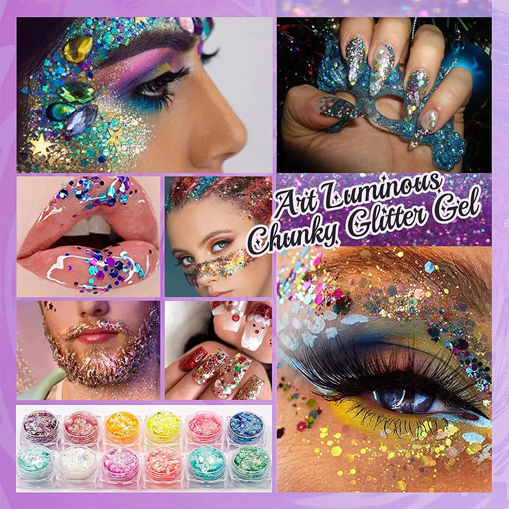 12 Colors Glitter Gel Makeup Glow in The Dark Body Glitter Gel UV Face Glitter for Women Festival Party Glitter Makeup Gel 5