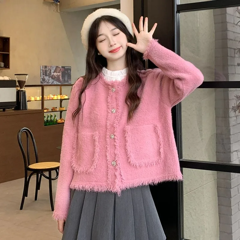 2024 New Women Small Fragrant Wind Cardigan Knit Coat Female Sweet Loose Artificial Mink-Fur Outcoat Casual Versatile Outerwear bright color solid color large intestine ring mone hair band female korean style internet celebrity artificial silk simple headb