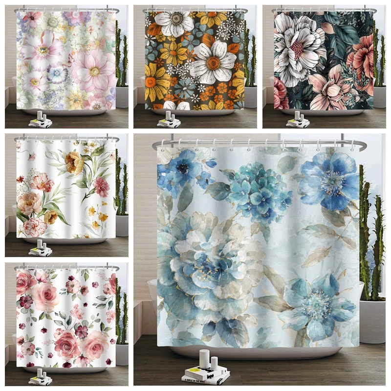 

Boho Luxury Floral Shower Curtain Flower Butterfly Waterproof Polyester Bathroom Curtain with Hooks Bathtub Screen 180x240