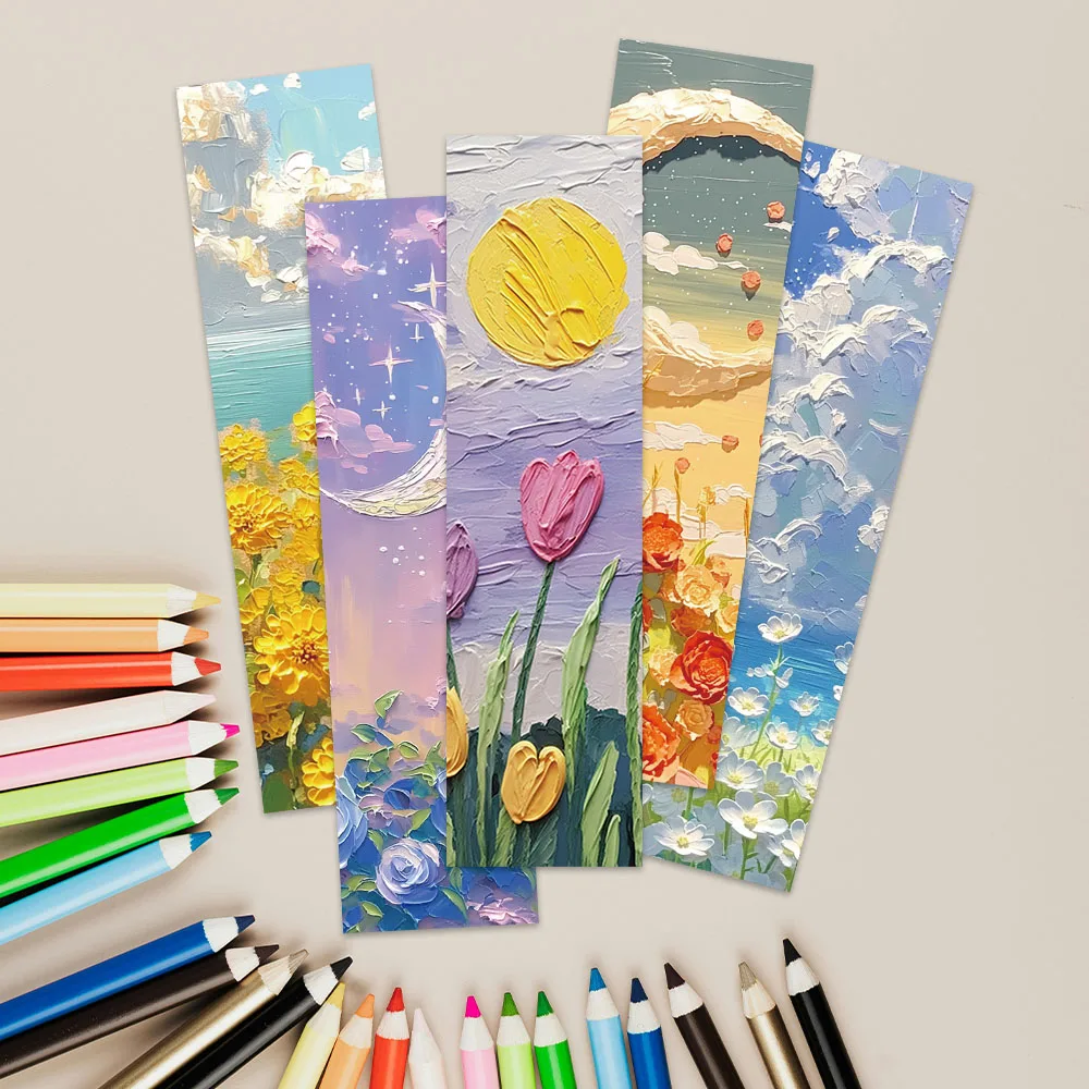 Cartoon Flowers Landscape Oil Painting Paper Bookmarks 30pcs DIY Students Readers Page Markers Library Office Page Marking