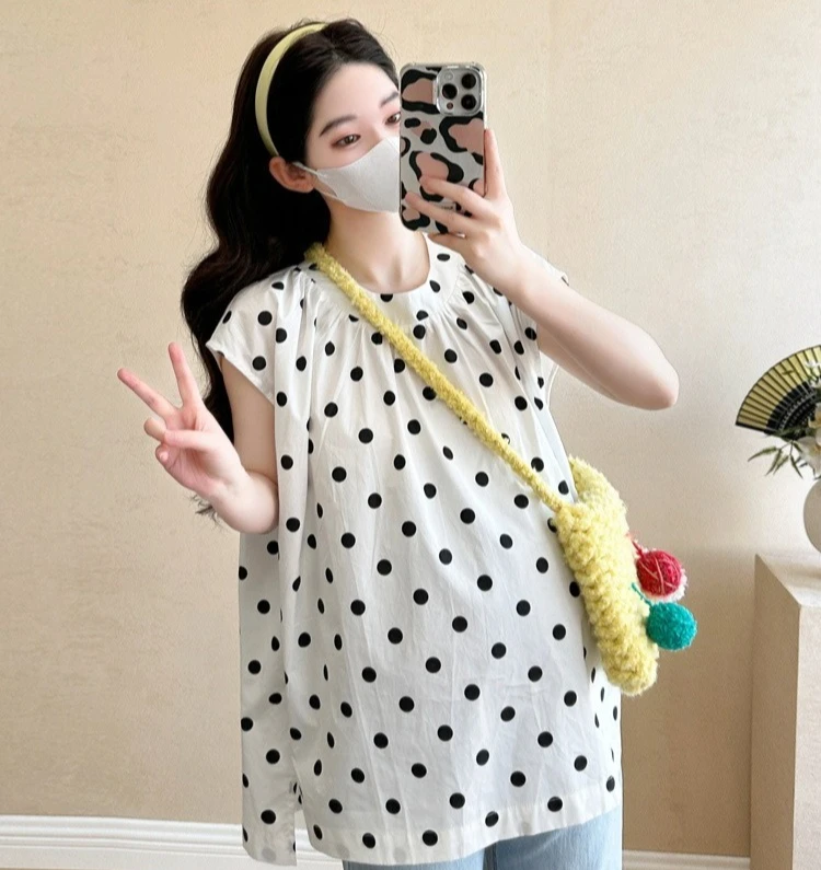 출산 셔츠 여름 민소매 느슨한 편안한 달콤한 귀여운 폴카 도트 라운드 넥 블라우스 임산부를위한 2026