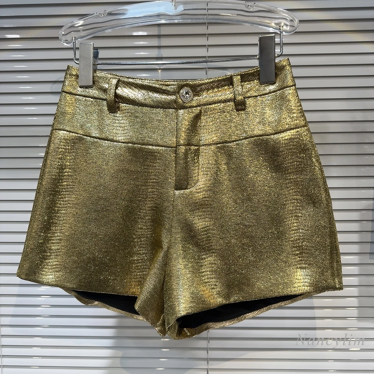 2024 Summer New Catwalk Socialite Rhinestone Buckle Snakeskin Coated Fabric Hot Girl Short Shorts for Women Y2K Shorts