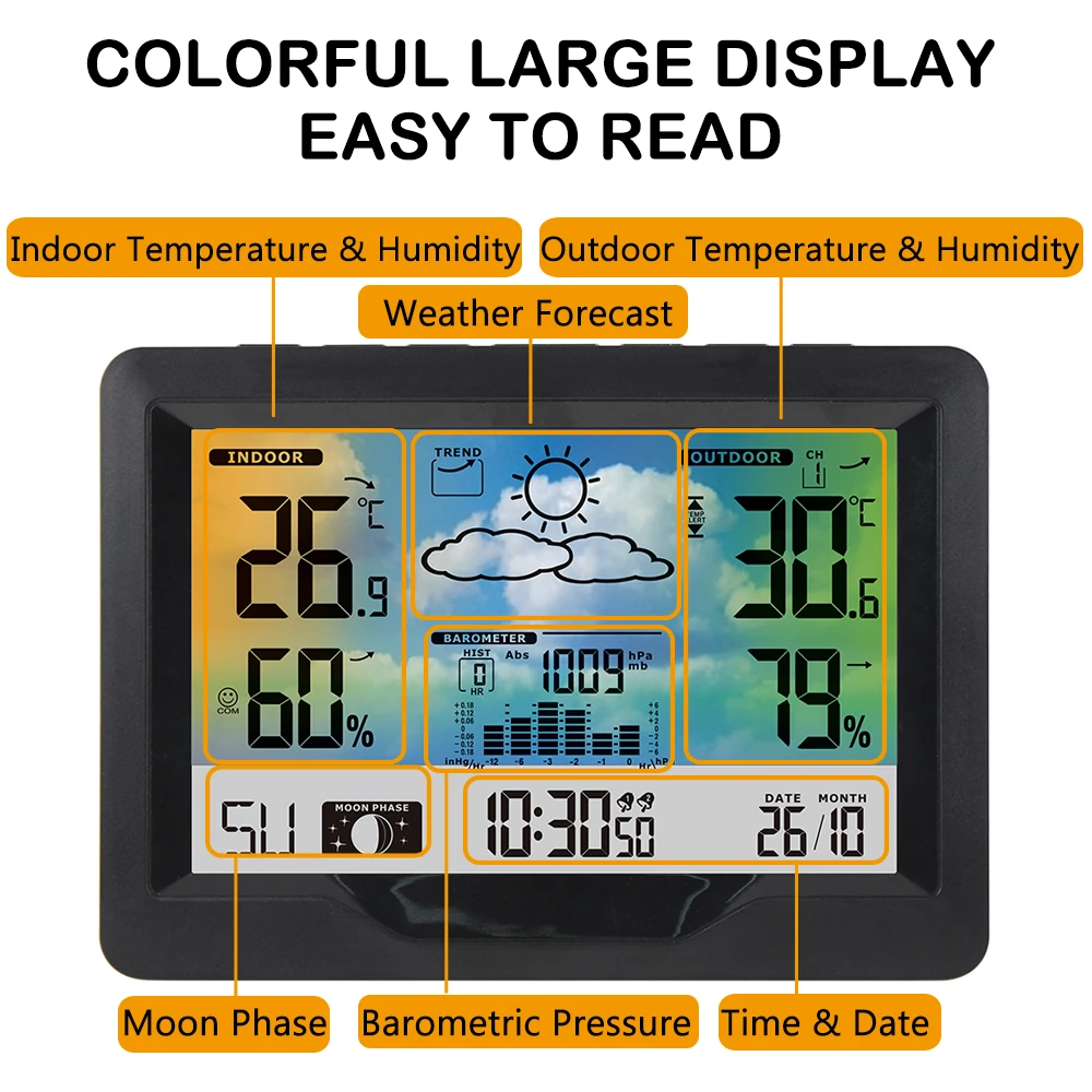 Wireless Weather Station Indoor Outdoor Forecast With Outdoor Sensor Digital Temperature and Humidity Gauge