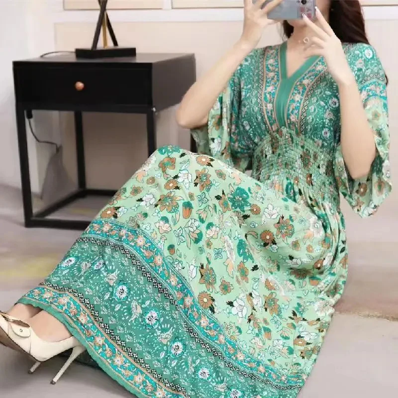 thumbnail image 1 of Plus Size Bohemian Summer Sweet Printed V-Neck Batwing Sleeved Beach Dress Women's Dress Ethnic Holiday Large Swing Midi Dress, 1 of 5