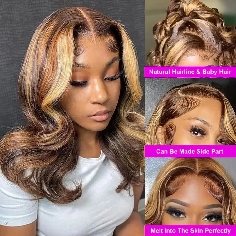 Honey Blonde Bob Wig Human Hair 14 Inch 13x4 Body Wave 4/27 Highlight Ombre HD Lace Front Wigs Human Hair Pre Plucked Glueless Lace Frontal Bob Wigs for Women Colored Wig 5