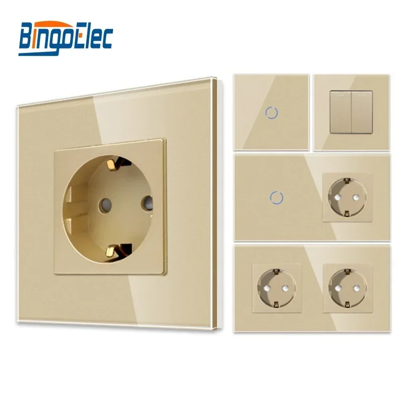 Bingoelec Ouro Toque Interruptor com Tomadas Elétricas Painel de Vidro Cristal Interruptores de Luz e Tomadas de Parede Melhoria da Casa