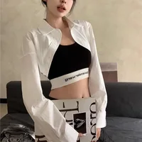 Chemises Super courtes pour femmes, Streetwear, taille haute, manches longues, couleur unie, hauts courts assortis, nouvelle mode d'été 1