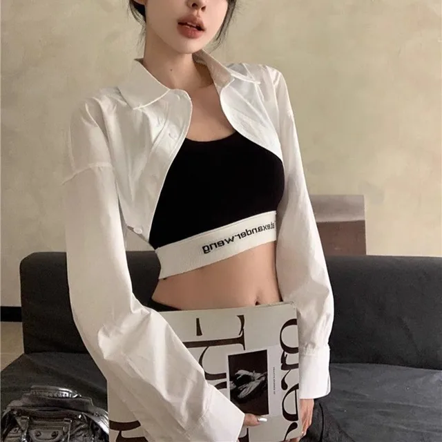 Chemises Super courtes pour femmes, Streetwear, taille haute, manches longues, couleur unie, hauts courts assortis, nouvelle mode d'été 1