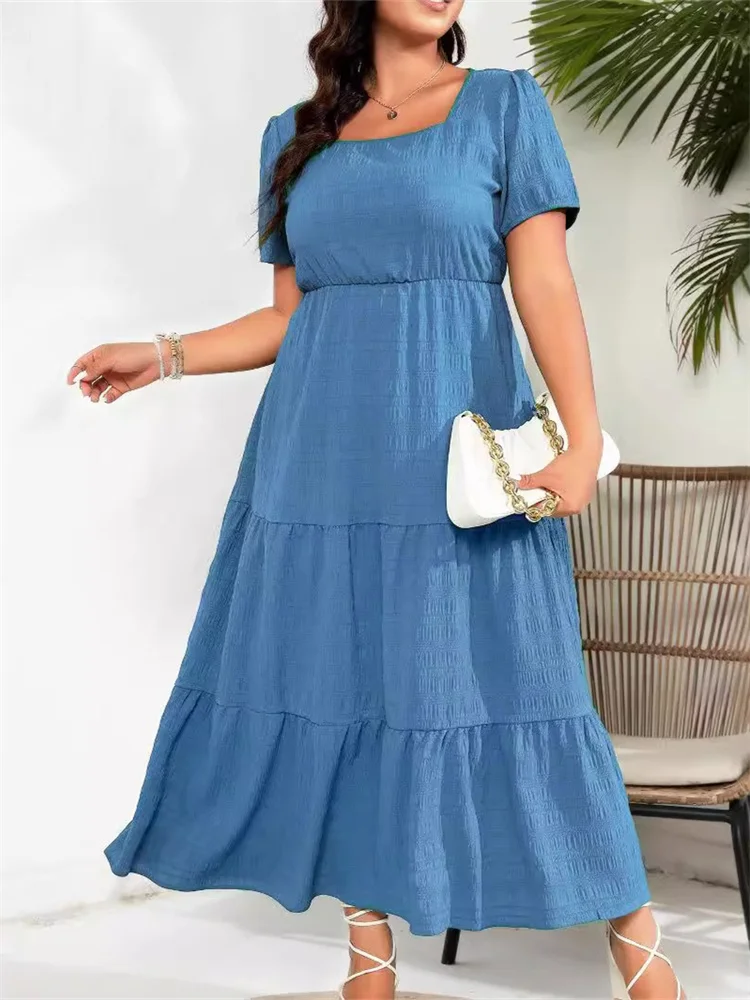 Wmstar Plus Size Summer Dresses 2025 Elegant Puff Short Sleeve Long Maxi Dresses for Women Wholesale Dropshipping New Style