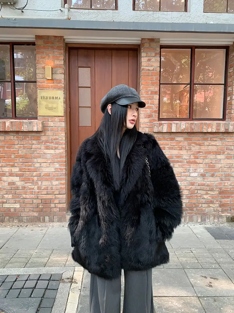 Xgoth Nouvelle Collection Hiver Manteau en Fausse Fourrure de Renard pour Femme, Veste d'Hiver à Col Revers, Coupe Ample, Chaude, Noire