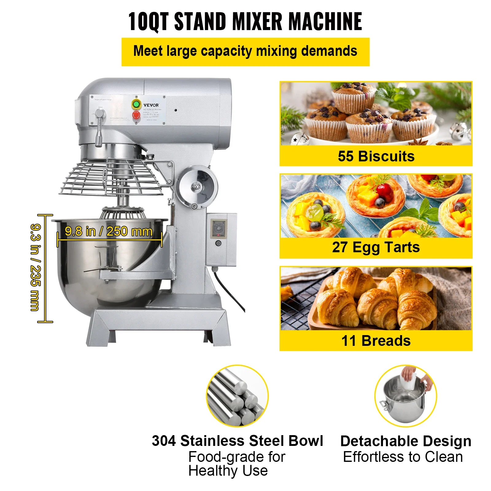 VEVOR Commercial Food Mixer 10Qt 450W 3 Speeds Adjustable 110/178/390 RPM with Stainless Steel Bowl Dough Hooks Whisk Beater 3