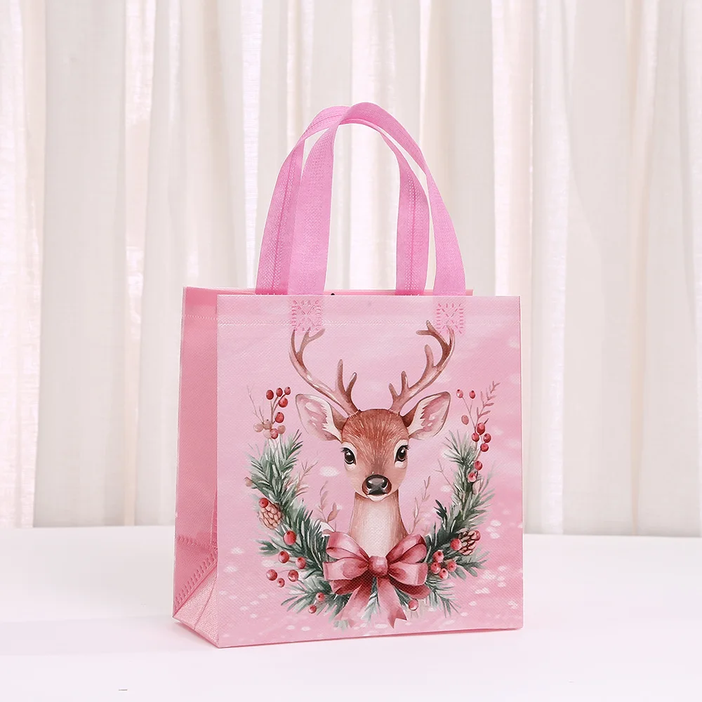 Non-Woven Christmas Gift Bags For Children Reusable Pink Christmas Bag With Handle Santa Claus Reindeer Berries Pattern Tote Bag
