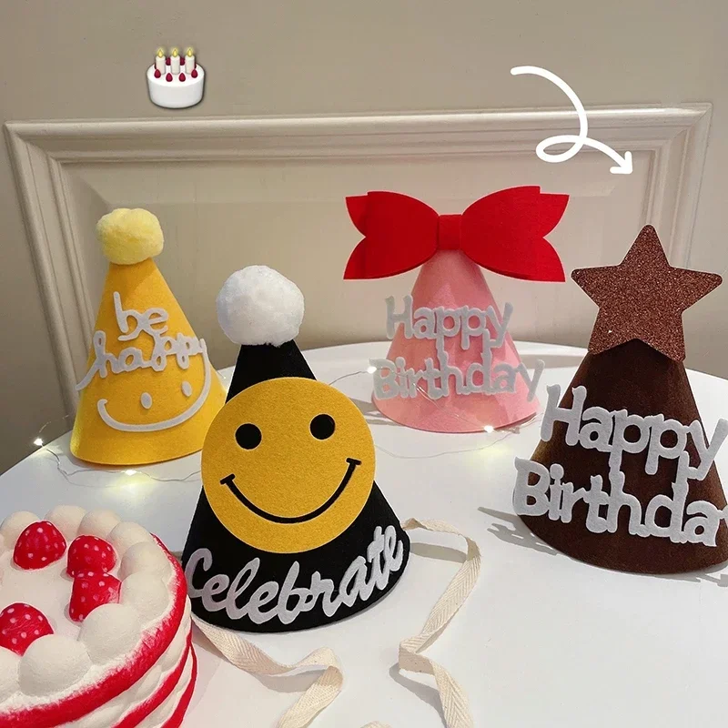 Happy Birthday Felt Hat Bowknot Cone Hats Flower Strawberry Cap Baby's DIY Handmade Crown Cute Party Supplies Adult Kids