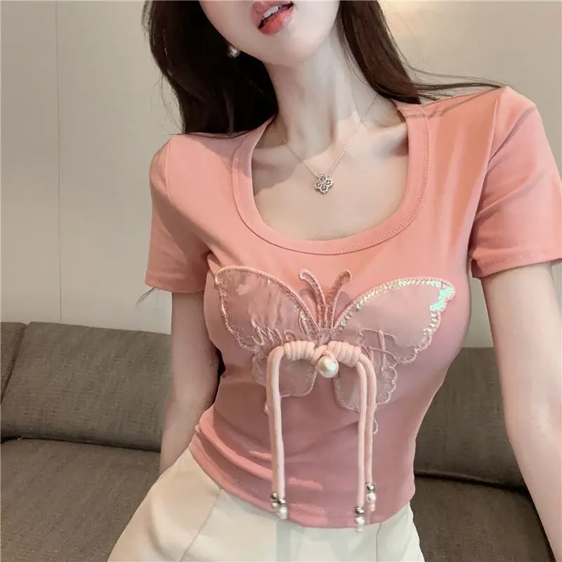 Butterfly Embroidery Sweet Cool Spicy Girl Summer 2024 Pullover O-Neck Splice Fashion Slim Elegant Short Sleeve T-Shirts Tops