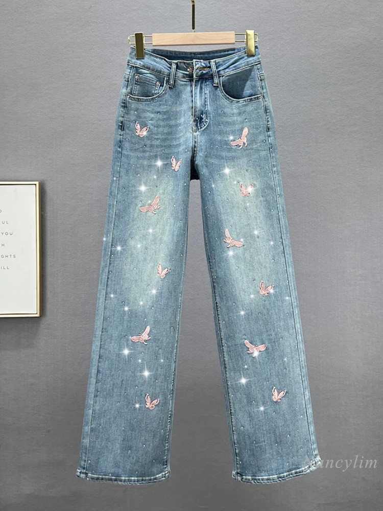 

Women's Embroidered Jeans Lengthened Trousers 2024 New Spring and Summer Clothing High Waist Rhinestone Mop Pants Straight Jeans