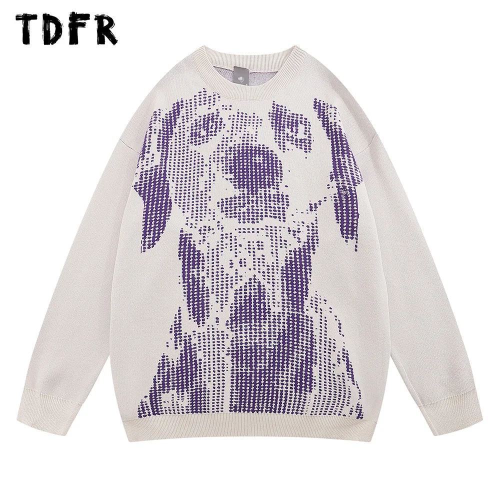 

Dog Jacquard Knitted Sweater Mens Crew Neck Autumn Winter Casual Loose Long Sleeve Pullover Men