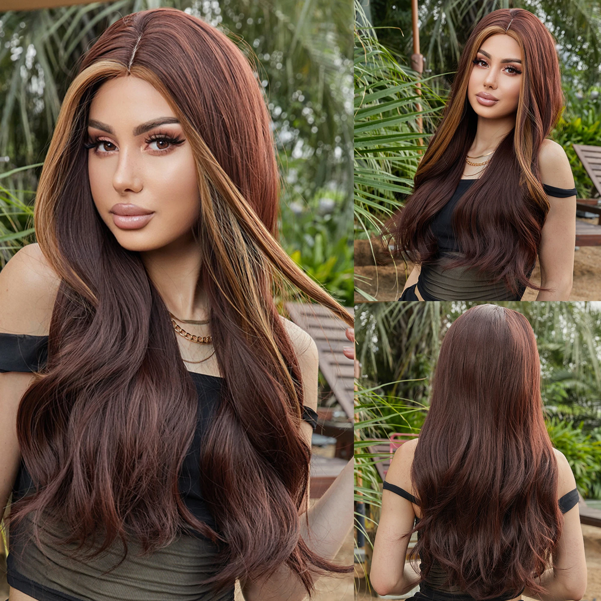 

Long Brown With Highlight Synthetic Wigs for Women Natural Hair Wavy Wigs Middle Part Female Cosplay Heat Resistant Wigs