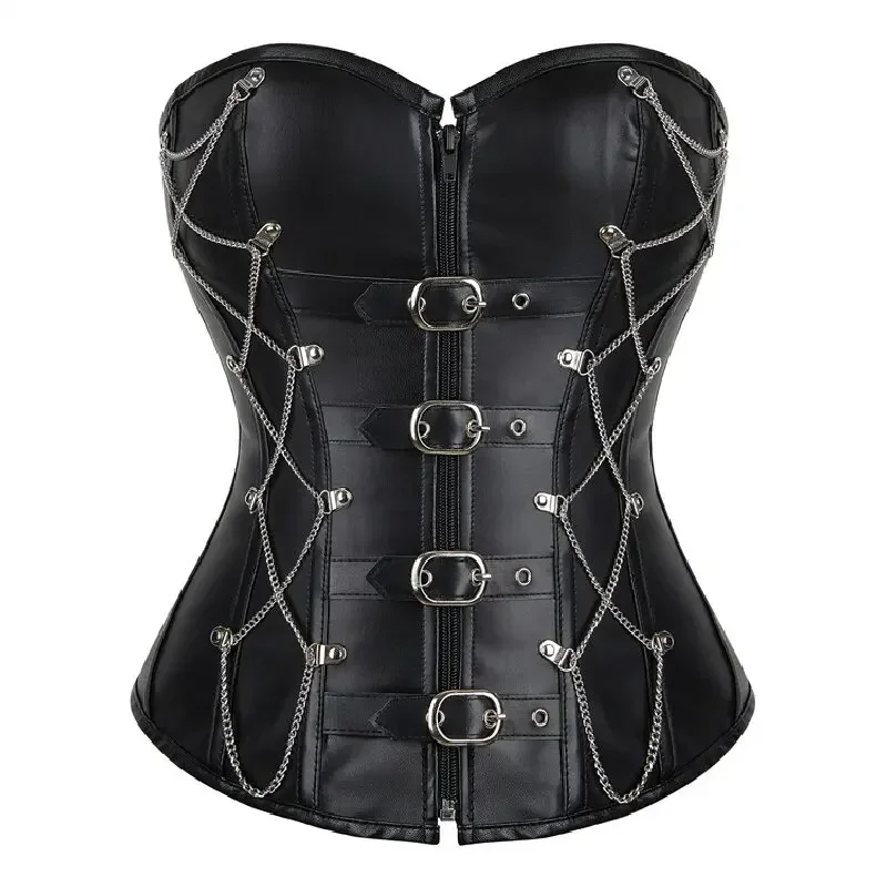 

Steampunk Leather Corset Top Zipper With Chain Vintage Women Gothic Overbust Corsets Waist Trainer Burlesque Bustier Lingerie