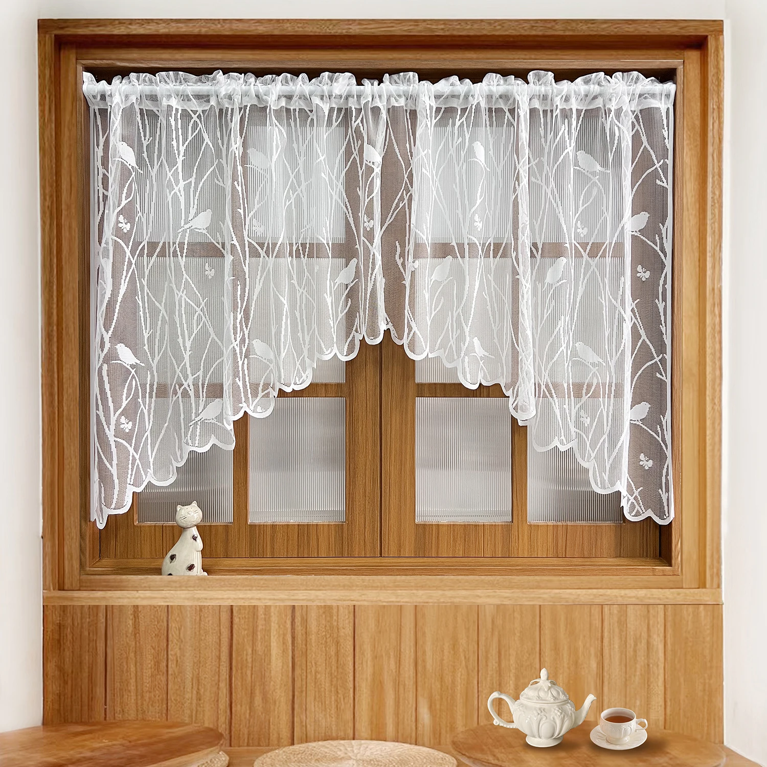 לבן/שחור ציפור מודפס עצימות קצרות וילונות עבור מטבח חדר אוכל תחרה חלולים קצרים חצי מעיצוב הבית