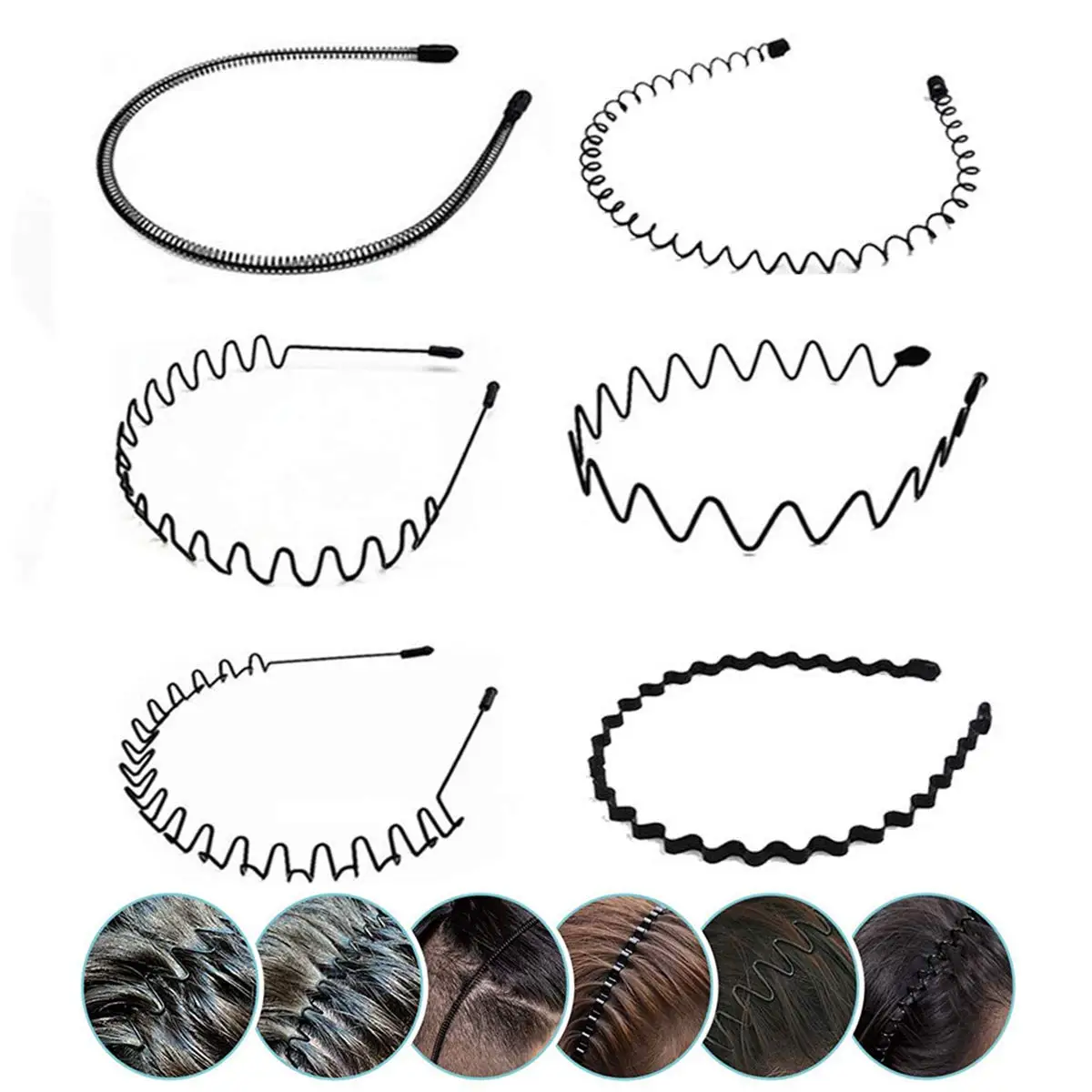 6pcs Fashion Metal Hair Band for Men Women Unisex Black Wavy