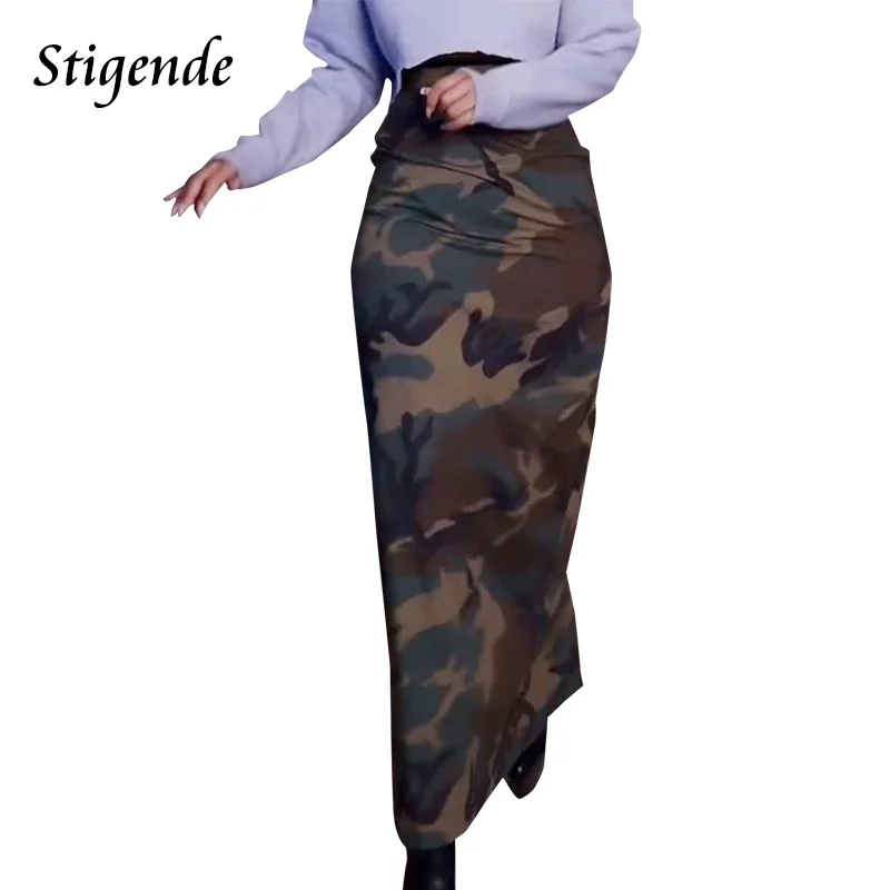 

Stigende Women Back Zipper Camouflage Skirt Stretch Bodycon Green Skirt Sexy Slim Fit Split Long Maxi Skirt Streetwear