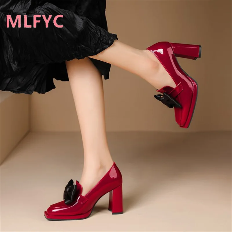 Single Shoe Women's 2022 Autumn New Square Head Lacquer Leather Women's Thick Heel Bow Waterproof Platform Cover Shoes