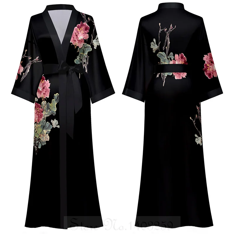 Spring Summrer female long robe sleepwear print kimono bathrobe gown half sleeve nightgown loose satin home dress lounge wear women sleepwear