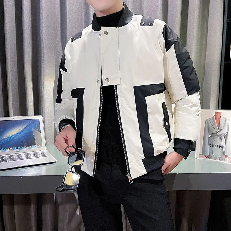 

Korean Fashion Spliced Bomber Jacket Men Winter Warm Men's Parka Jackets Casual Business Windproof Coat Streetwear Overcoat 2023