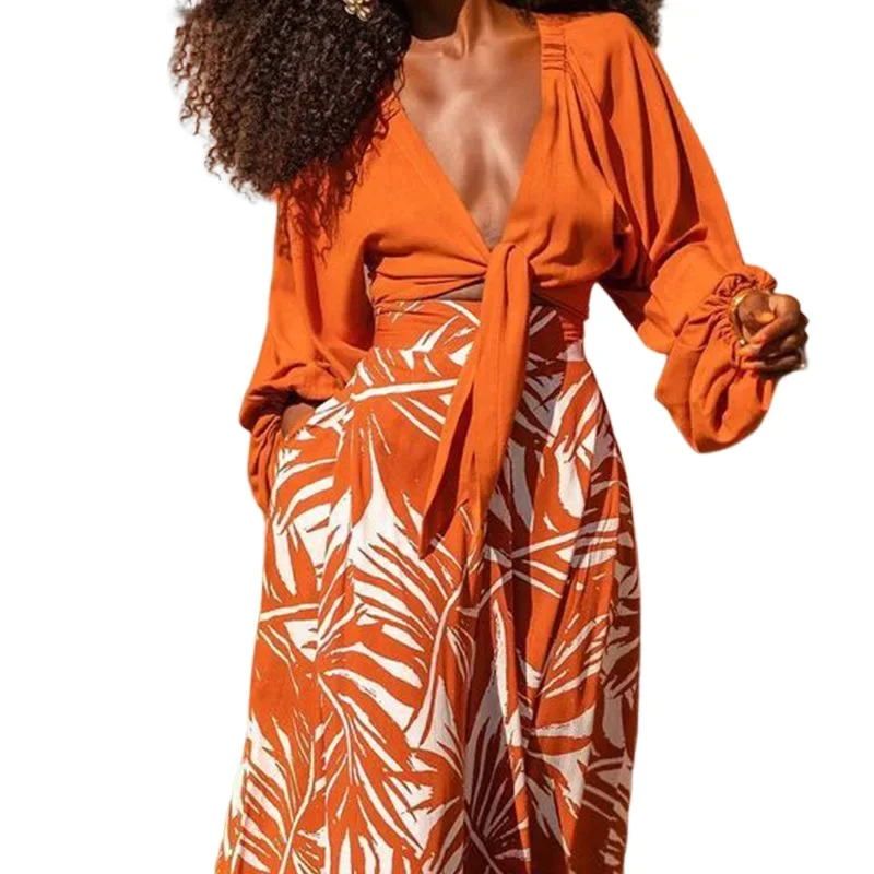 Fashion Printed Two Piece Set for Women Long Sleeved Leace-up Deep V-neck Sexy Cropped Tops High Waist Loose Wide Leg Pants Sets