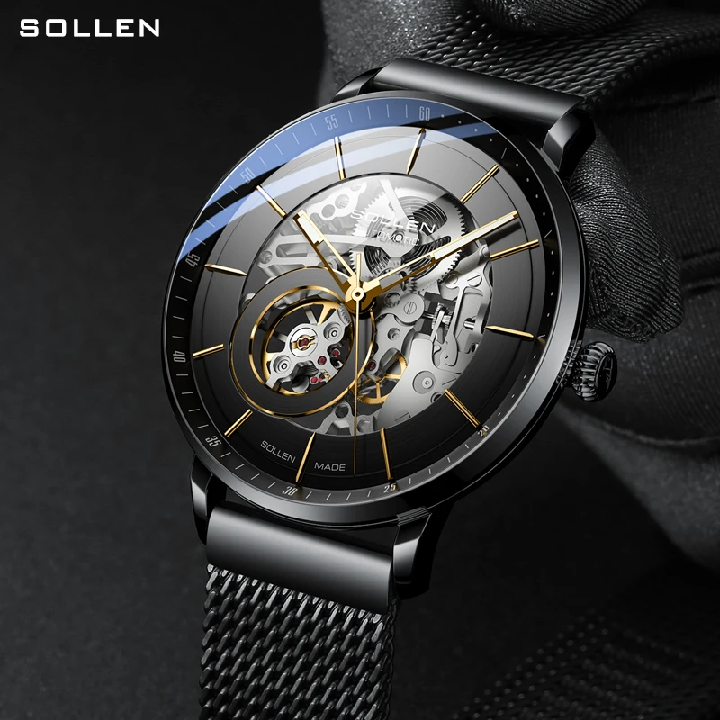 SOLLEN fully automatic mechanical men's watch hollowed out watch all steel mesh with business men's