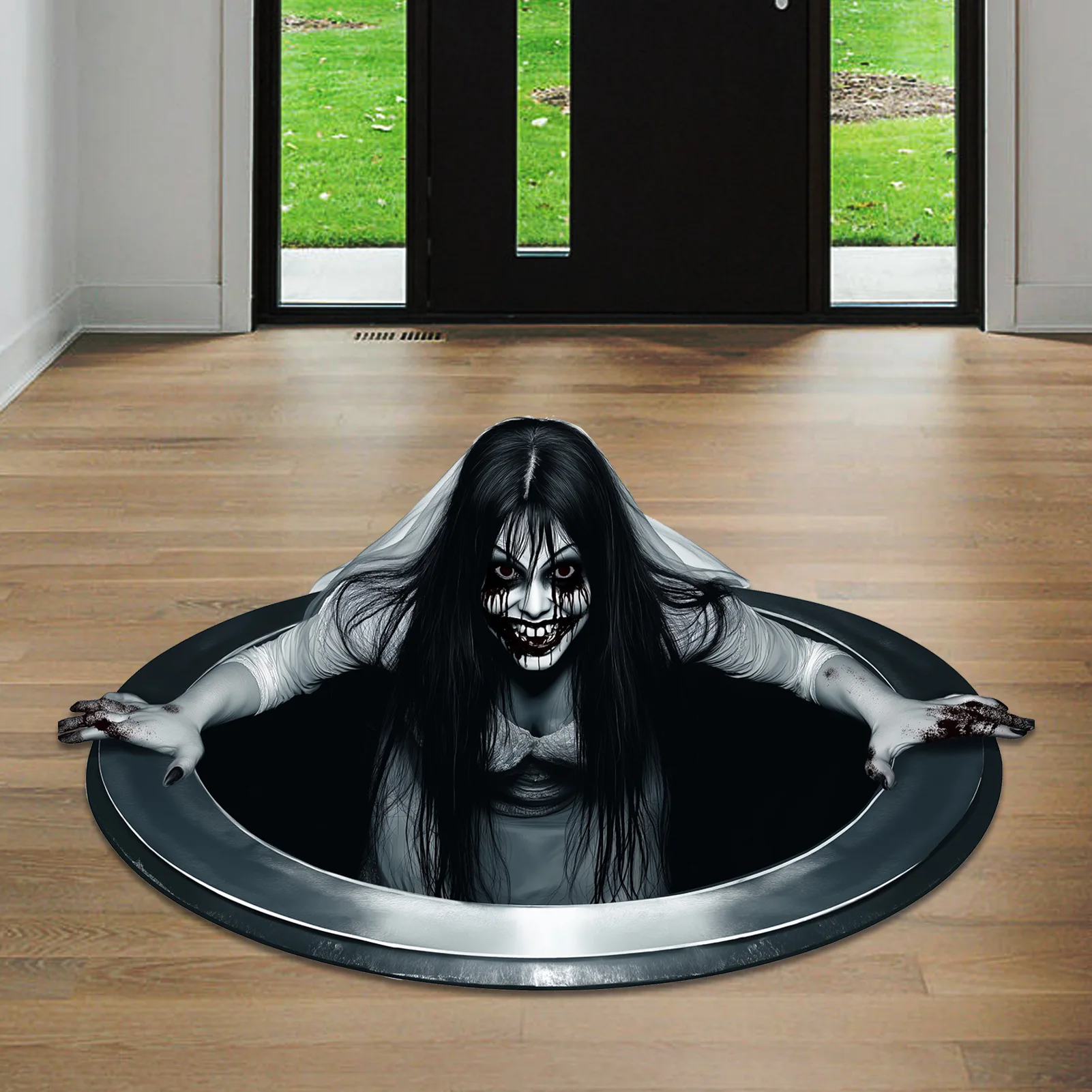 Halloween Floor Stickers - Horror Wall Stickers with Long Haired Scary Halloween Party Decorations Scary Wall Art for Haunted