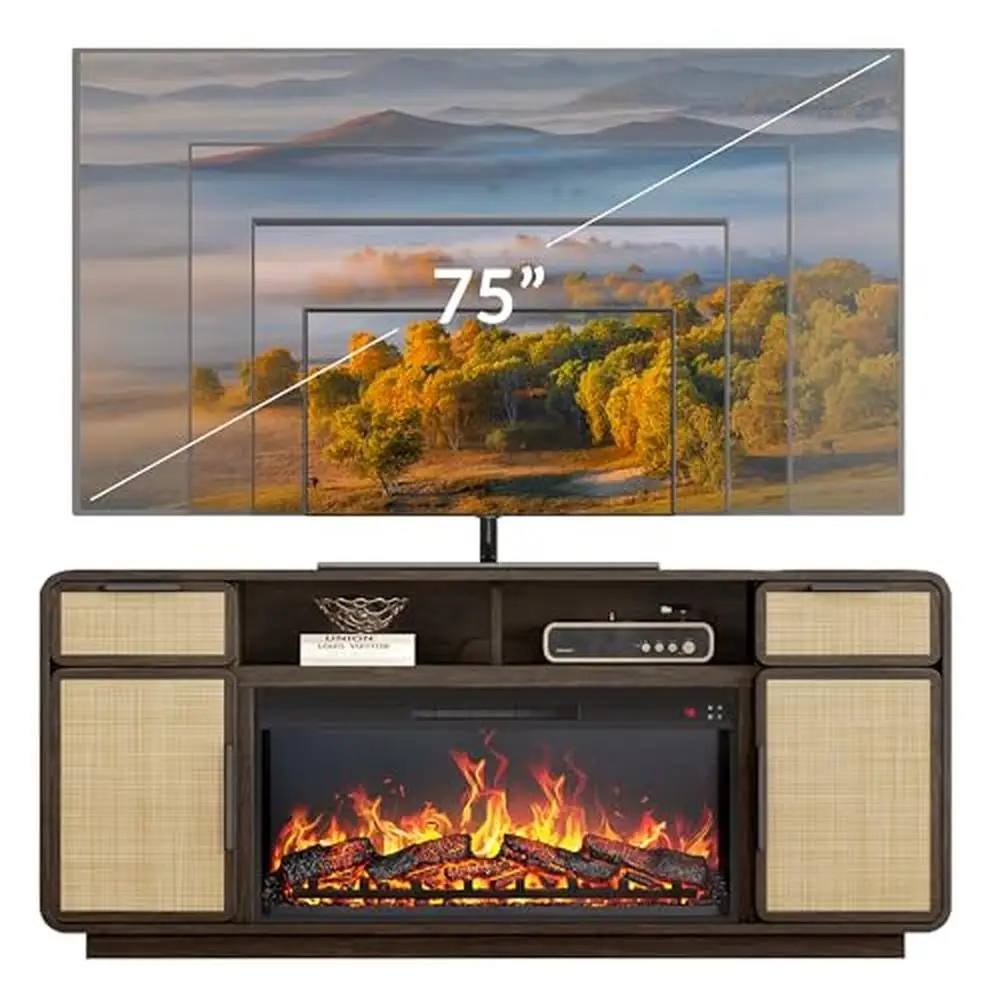 Boho 68" TV Stand Entertainment Center w/ 36" Electric Fireplace Heater Rattan Console Table Flame Effect Ample Storage Modern 6