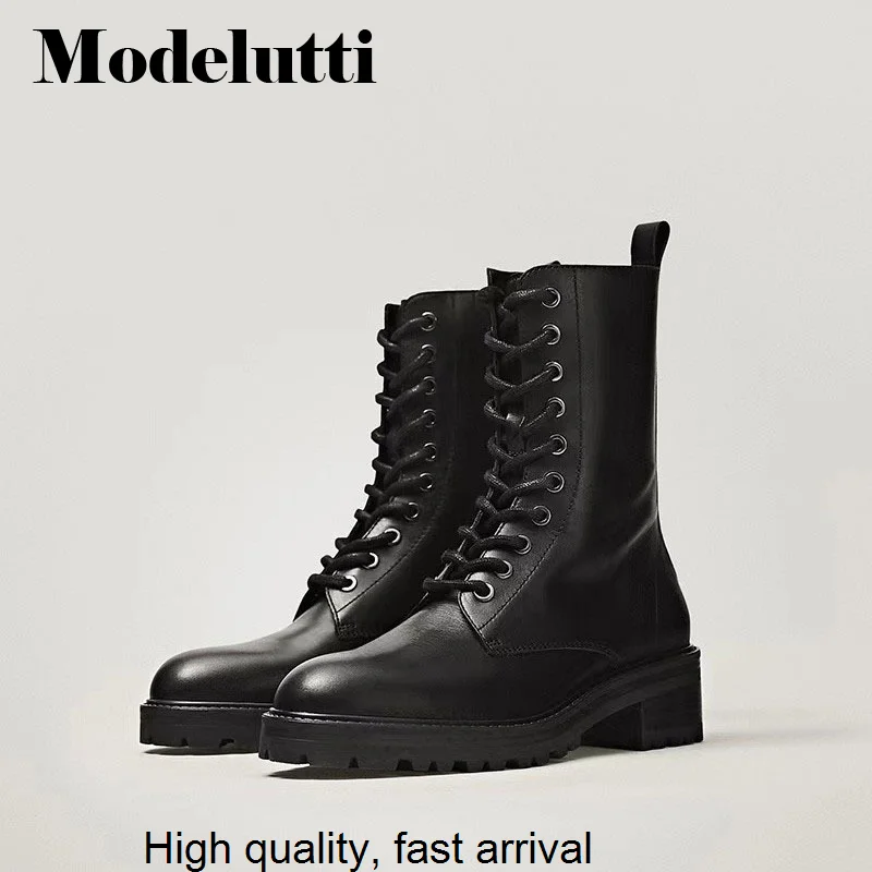

New Autumn 2023 Winter Women Fashion Genuine Leather England Style Lacing Short Boots Simple Casual Shoes Female Chic