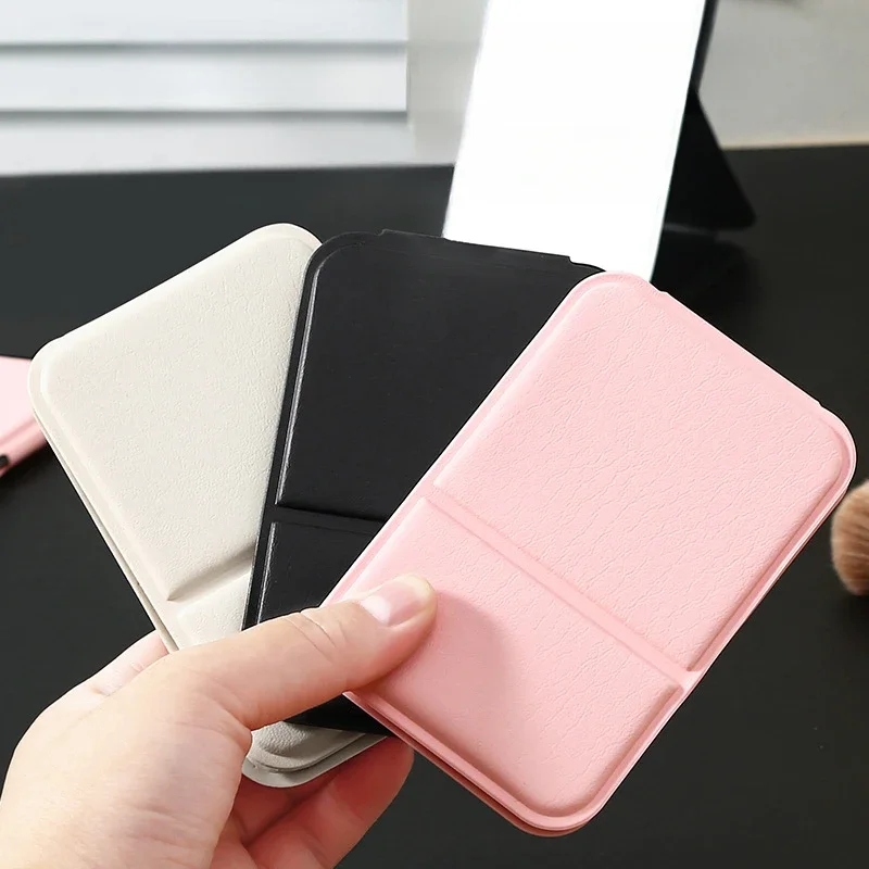 Desktop Makeup Mirror Solid Color PU Leather Simple Portable Handheld Makeup Mirror Foldable Student Compact Cute Pocket Mirror 3