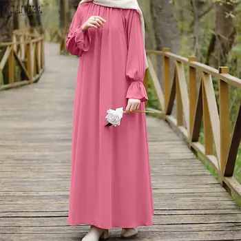 فستان ماكسي نسائي إسلامي محتشم من ZANZEA مقاس كبير 5XL، عباءة فضفاضة بأكمام طويلة وياقة دائرية، حجاب إسلامي، قفطان 1