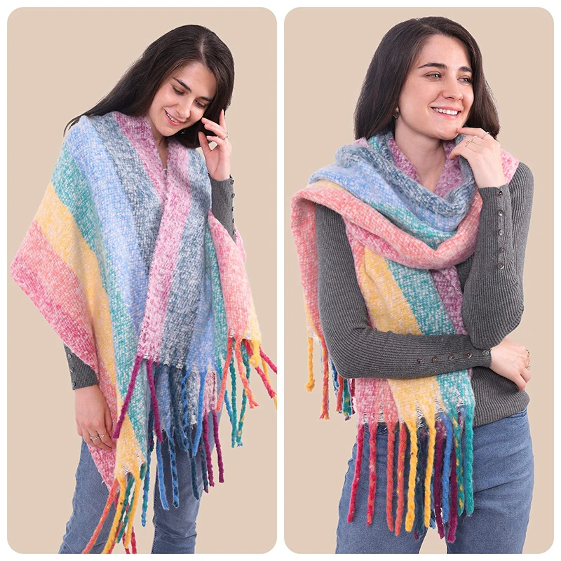 

Winter Warm Thick Cashmere Women Scarf Wraps Blanket Casual Solid Print Pashmina Poncho Echarpe Long Shawl Hijab 2023 New