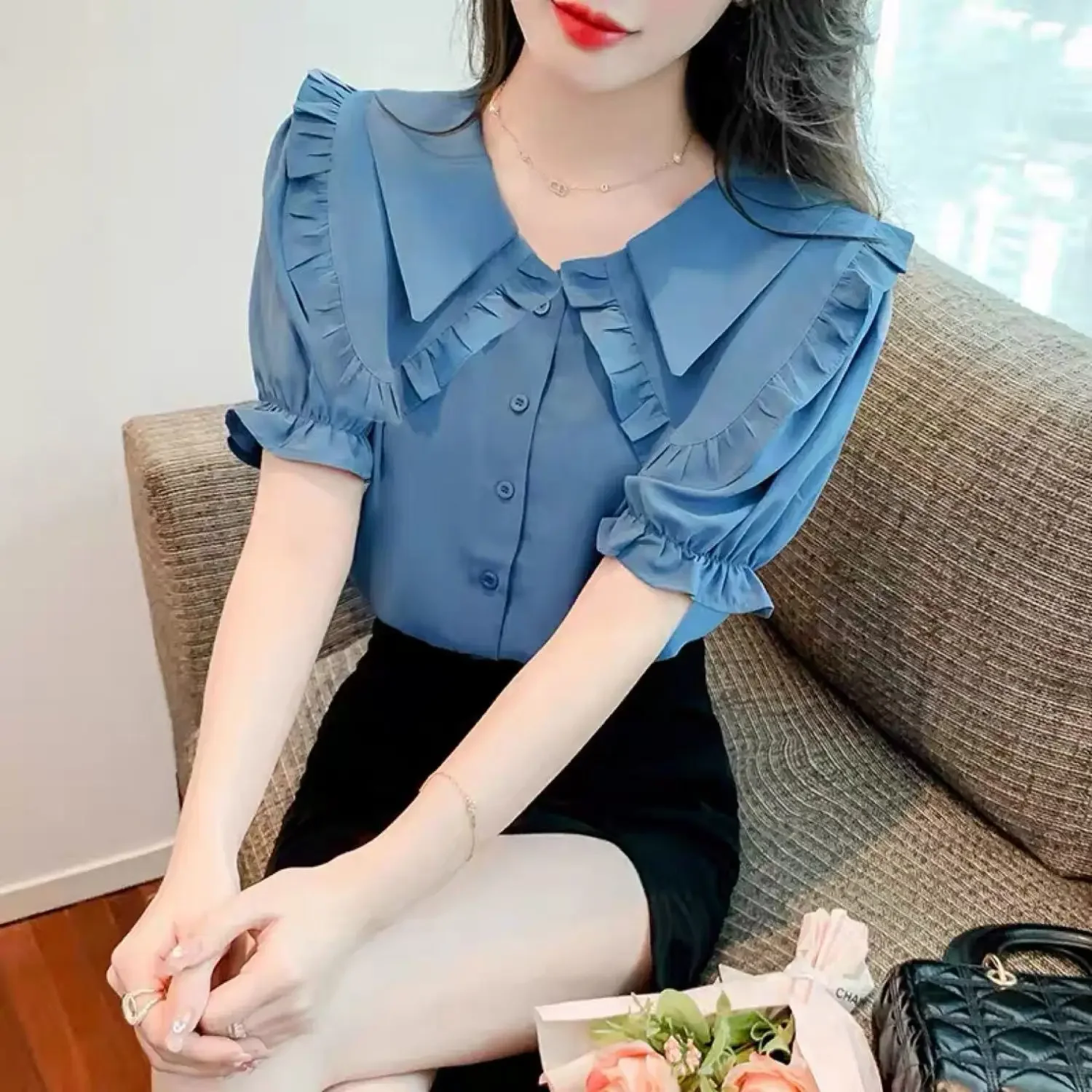 

Elegant Fashion New Petal Sleeve Solid Color Single Breasted Blouses 2024 Summer Peter Pan Collar Chic Top office Shirt Hot J196