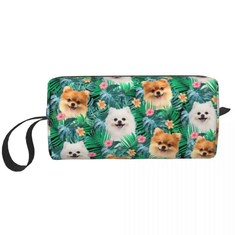 

Cute Pomeranian Dog With Summer Leaf Travel Toiletry Bag for Women Pet Spitz Cosmetic Makeup Organizer Beauty Storage Dopp Kit